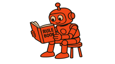 A cartoon orange robot sitting on a stool and reading a rule book.
