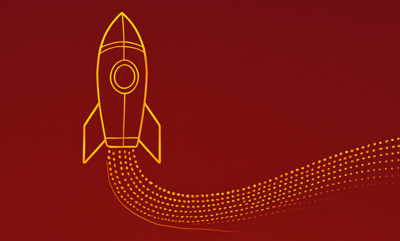 Yellow outline of a rocket launching with a trail of orange and yellow dots.