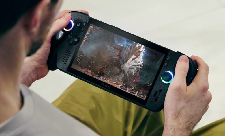 Person playing a video game on a handheld ROG Ally console.