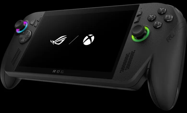 Close-up of a black handheld gaming console with illuminated joysticks.