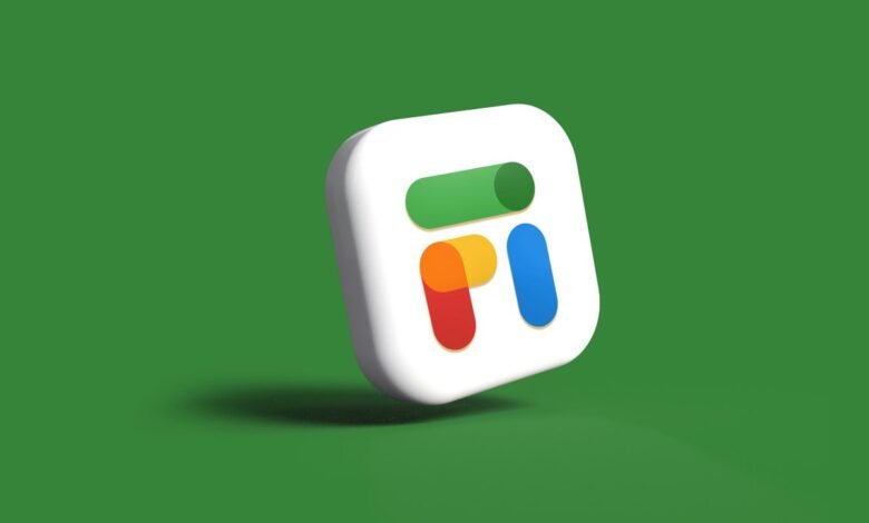 3D render of the Google Fi logo with colorful bars on a green background.