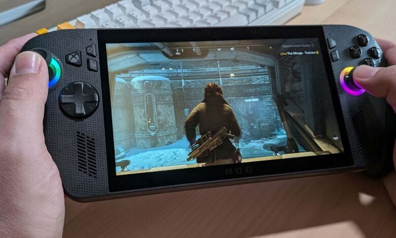 Hands holding a portable gaming device playing a video game with a character in a snowy environment.
