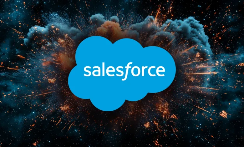 Salesforce logo against a dark background with a vibrant explosion of orange and blue.