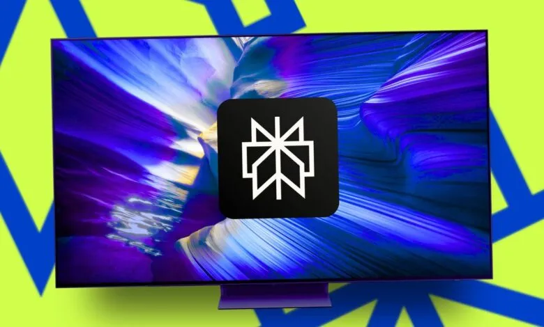A modern television displays a vibrant abstract wallpaper with a Perplexity AI app icon overlaid.