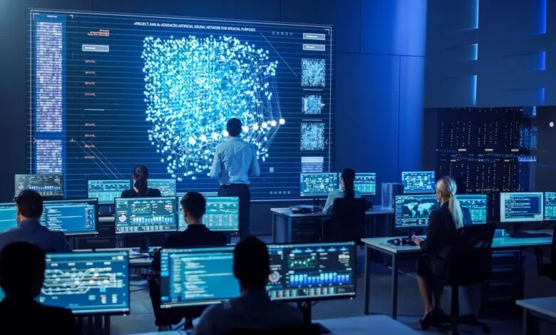 Team in a futuristic control room analyzing a large neural network visualization.