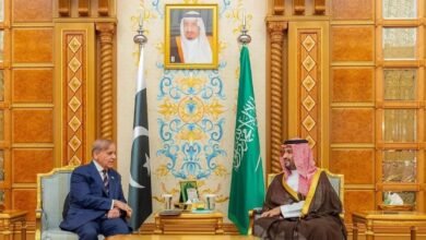 Pakistani Prime Minister Shehbaz Sharif meets with Saudi Crown Prince Mohammed bin Salman in a formal setting.