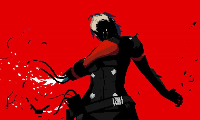 Pixel art of a character in a black suit with red accents, emitting sparks against a red background.