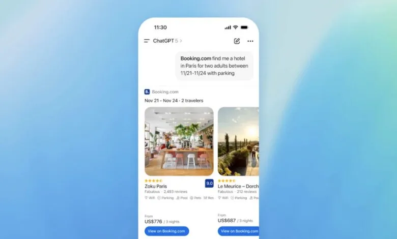 Screenshot of ChatGPT 5 interface showing hotel search results from Booking.com