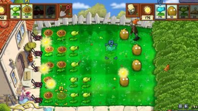 Gameplay from Plants vs. Zombies showing a lawn defense with sunflowers, pea shooters, and wall-nuts.