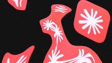 Abstract red shapes with white floral patterns on a black background.
