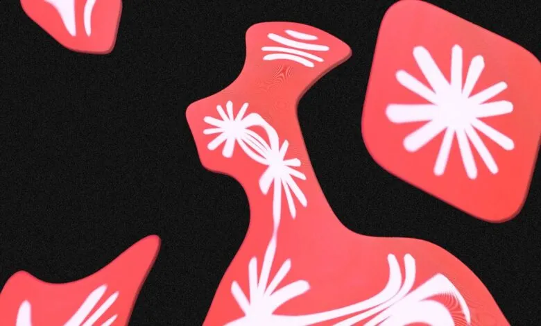 Abstract red shapes with white floral patterns on a black background.