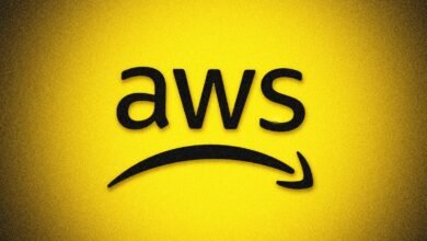 The AWS logo with the Amazon smile arrow on a textured yellow background.