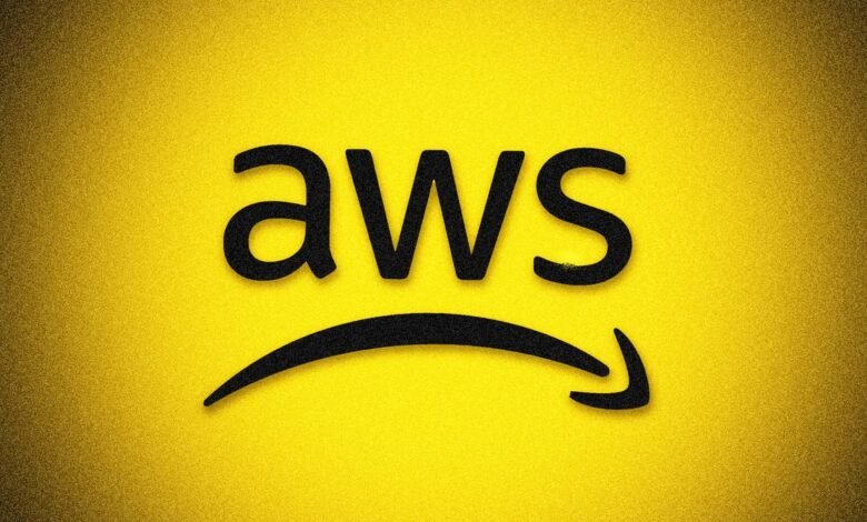 The AWS logo with the Amazon smile arrow on a textured yellow background.