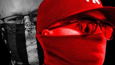 Close-up of two individuals wearing face coverings and sunglasses, one in grayscale with an American flag pattern, the other in red.