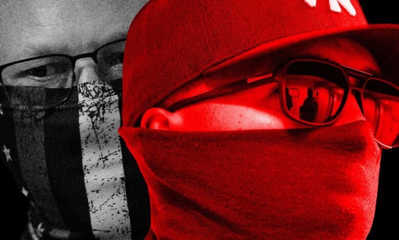 Close-up of two individuals wearing face coverings and sunglasses, one in grayscale with an American flag pattern, the other in red.