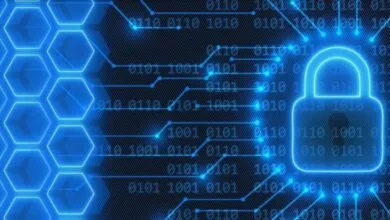 Digital padlock icon superimposed on a background of binary code and hexagonal patterns.