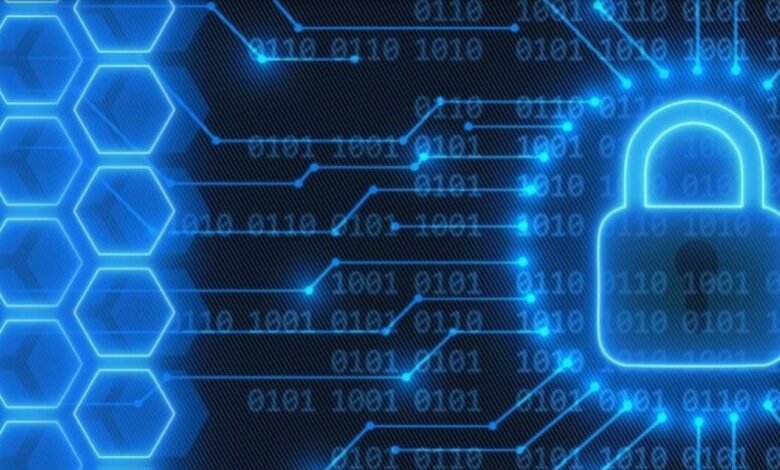 Digital padlock icon superimposed on a background of binary code and hexagonal patterns.