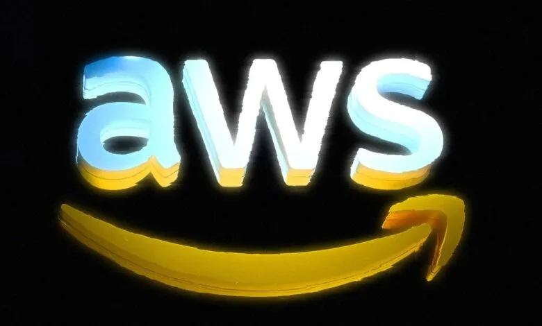 Close-up of the illuminated AWS logo with the Amazon smile arrow.