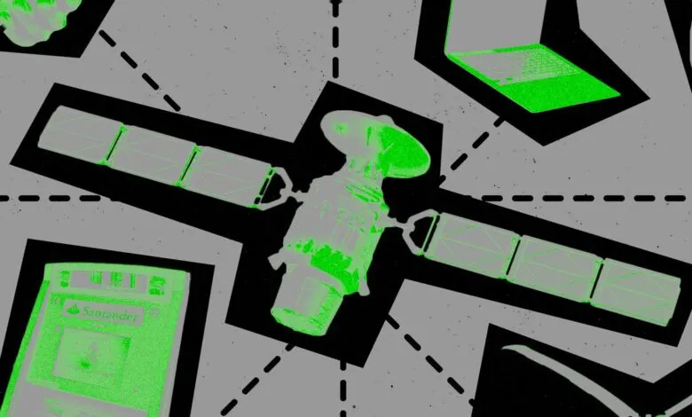 Illustration of a satellite connected to various digital devices and financial terminals.