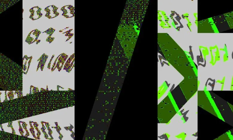 Abstract digital art with glitch effects, showing distorted numbers and code.