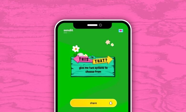 Smartphone screen displaying a 'This or That?' game interface with colorful graphics.