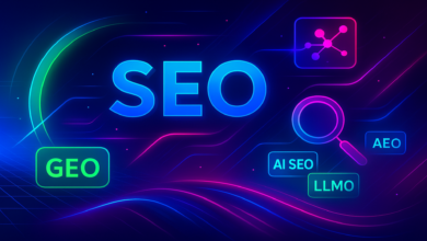 Digital illustration of SEO concepts with glowing text and icons on a dark background.