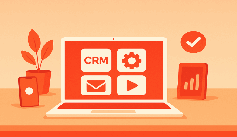 Laptop displaying CRM, settings, email, and video icons with a smartphone and plant.