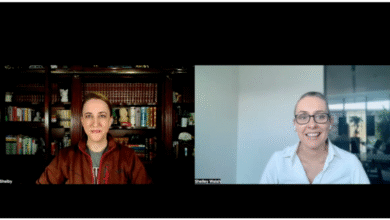 Two women in a video call: Carolyn Shelby in a library and Shelley Walsh in an office.