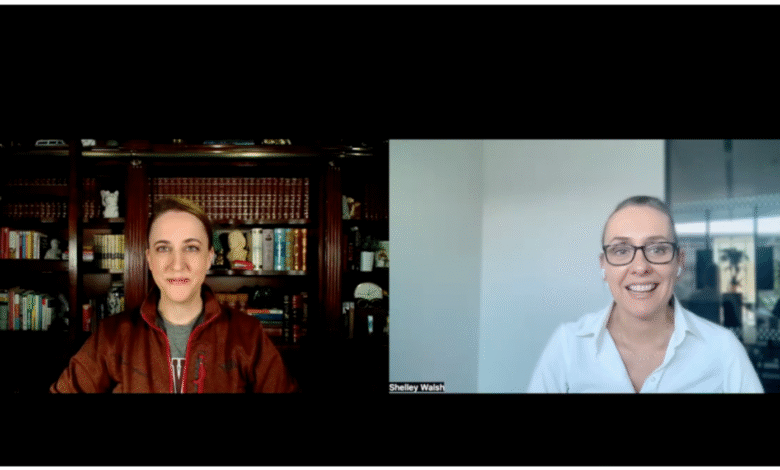 Two women in a video call: Carolyn Shelby in a library and Shelley Walsh in an office.