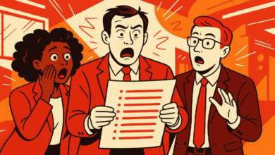 Three business professionals react with shock and disbelief to a list.