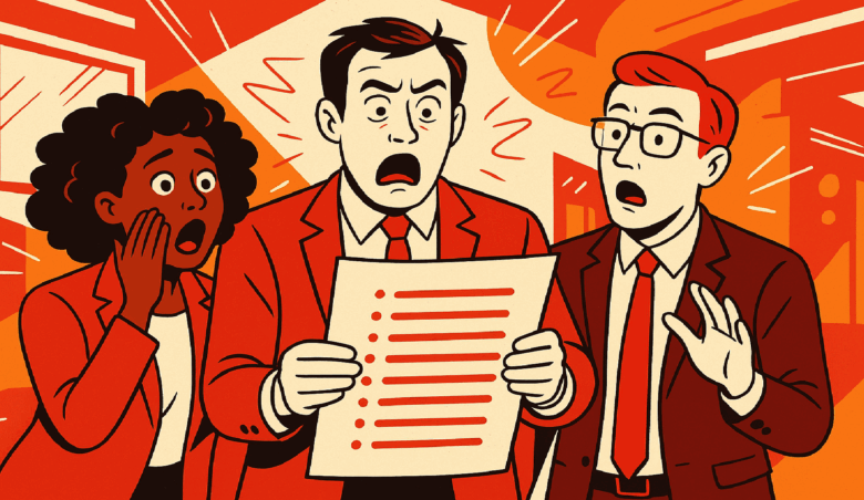 Three business professionals react with shock and disbelief to a list.