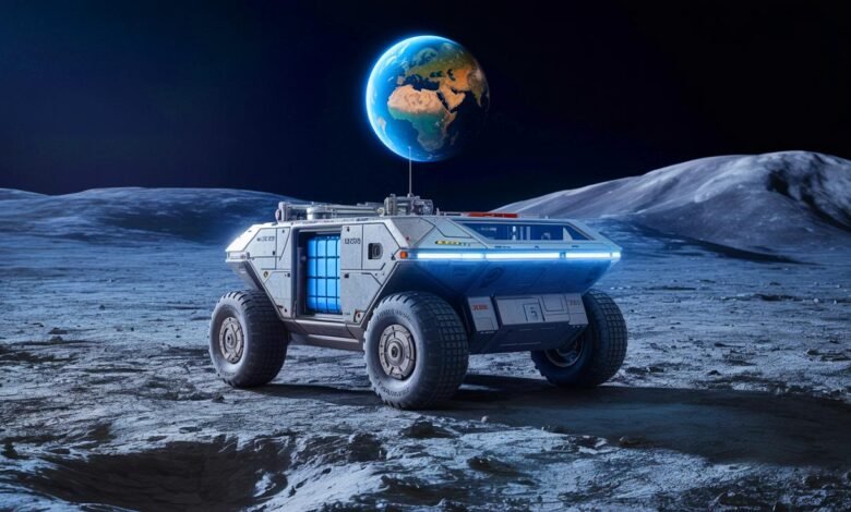 A futuristic lunar rover with Earth visible in the background.