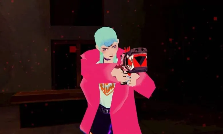 Stylized character with blue hair holding a futuristic weapon, wearing a pink coat.
