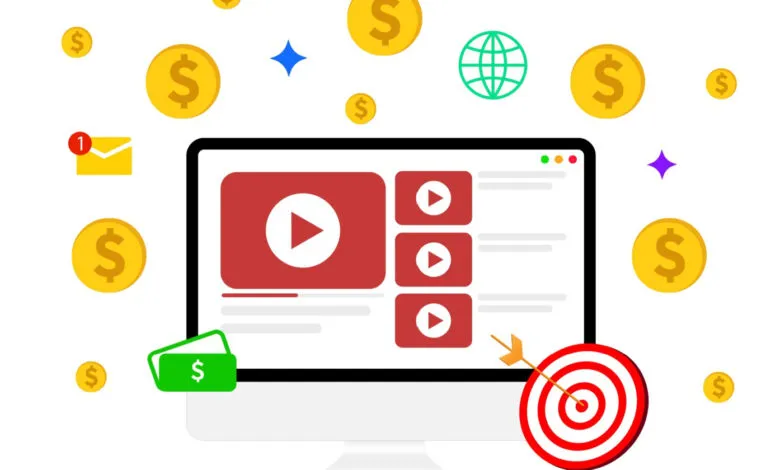 Computer screen displaying video thumbnails with coins and a target.