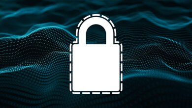 White padlock icon superimposed on a dark blue digital wave background.