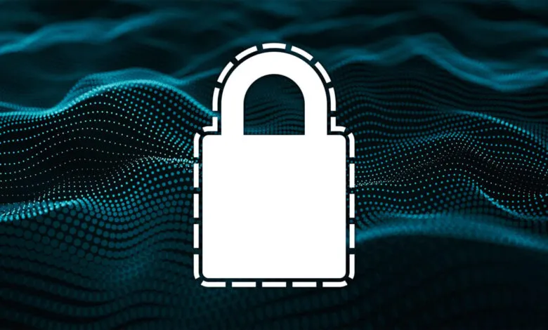 White padlock icon superimposed on a dark blue digital wave background.