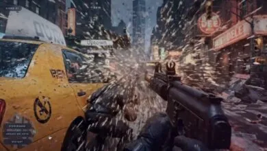 First-person view of a chaotic urban scene with a yellow taxi and debris flying.