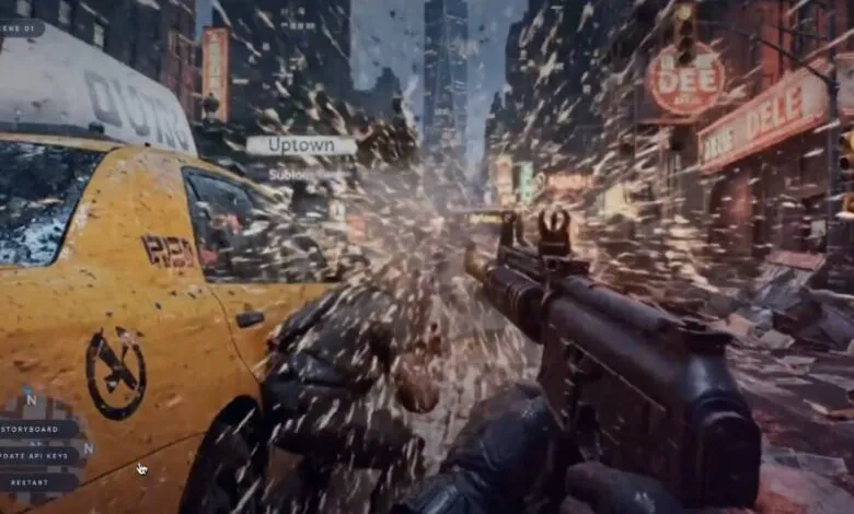 First-person view of a chaotic urban scene with a yellow taxi and debris flying.