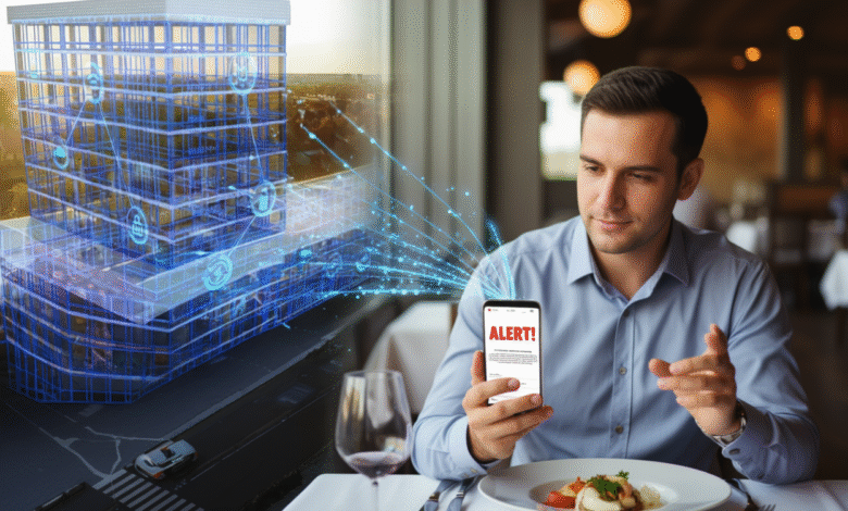 Man in restaurant receives alert on phone connected to smart building data