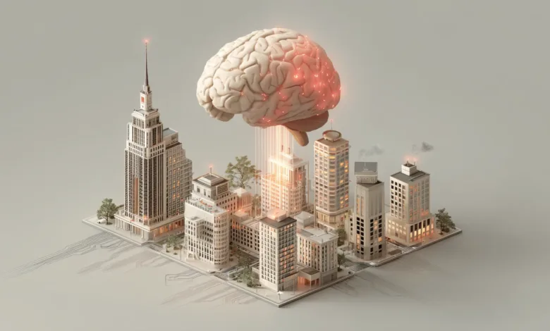 A human brain hovers above a miniature cityscape, emitting glowing orange energy.