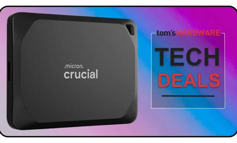 Black Crucial external SSD with 'tom's HARDWARE TECH DEALS' text overlay.
