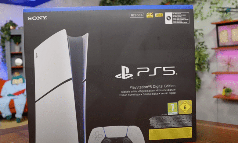 Sony PlayStation 5 Digital Edition console box with controller shown.