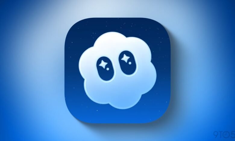 A stylized cloud icon with large, sparkling eyes on a gradient blue background.