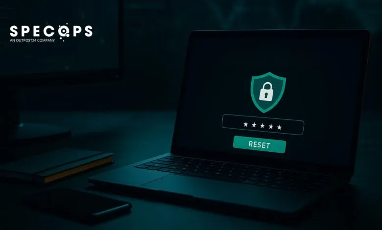 Laptop screen displaying a security login with a shield, lock icon, password stars, and a reset button.