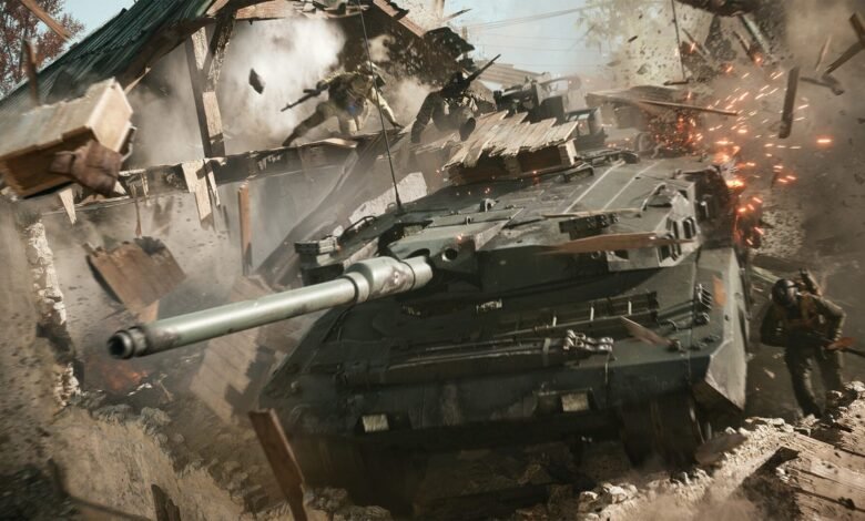 A military tank advances through a destroyed building with soldiers in action.