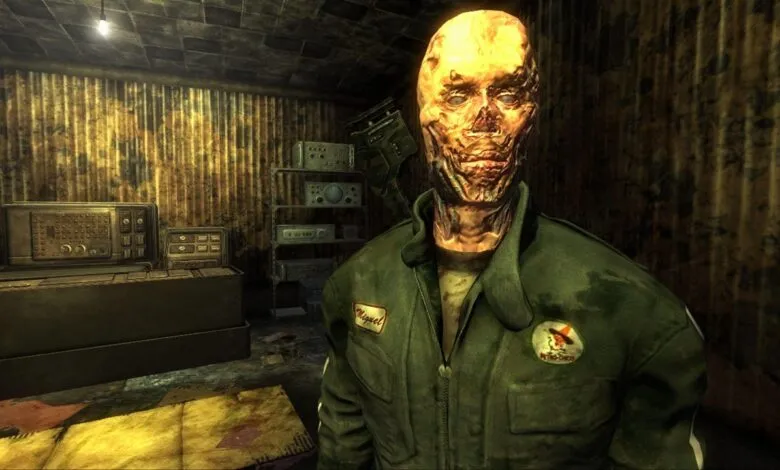 A ghoul character from Fallout: New Vegas wearing a green jumpsuit with a name tag.