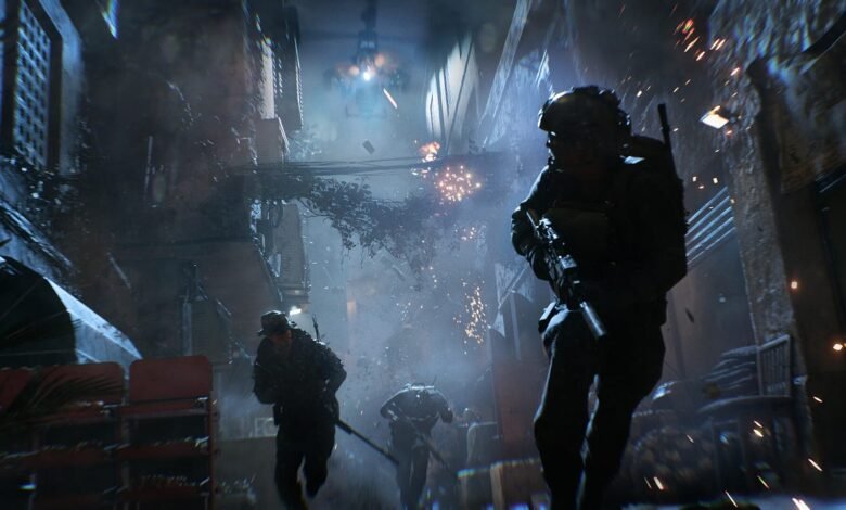 Soldiers in tactical gear advancing through a debris-filled urban environment with a helicopter overhead.