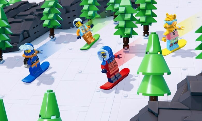 Lego figures snowboarding down a snowy slope with pine trees.