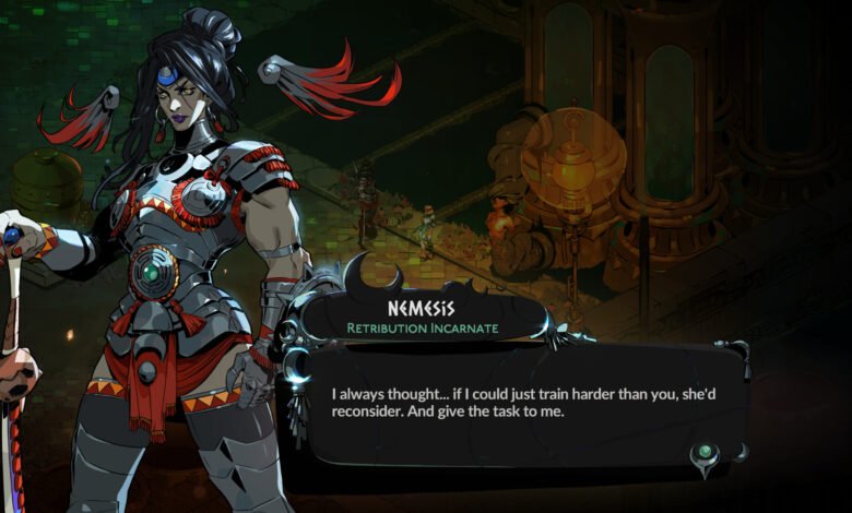 Nemesis, a powerful warrior with dark hair and armor, stands ready with a sword.