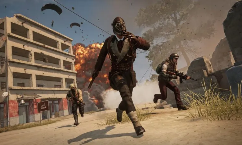 Three soldiers in tactical gear running through a war-torn urban environment with explosions in the background.